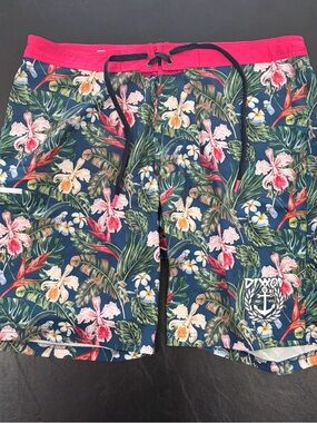 DIXXON Navy Floral Men’s Swim Board Shorts with Pink Waistband